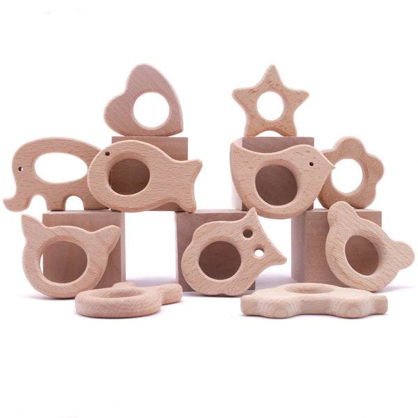 10-Piece Beech Wood Baby Teether Animal Set - Natural Teething Grasping Toys & DIY Pacifier Chain