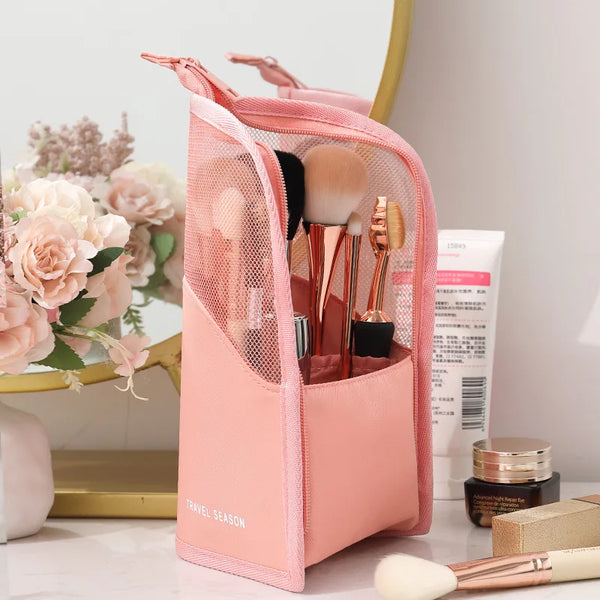 HOMEFISH Stand-Up Clear Zipper Cosmetic Bag - Travel Brush Holder & Organizer Toiletry Bag