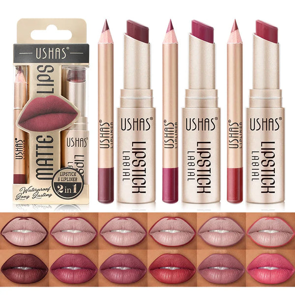 USHAS 12-Color Lip Liner & Lipstick Set - Easy Matte Long-Lasting Nude & Red