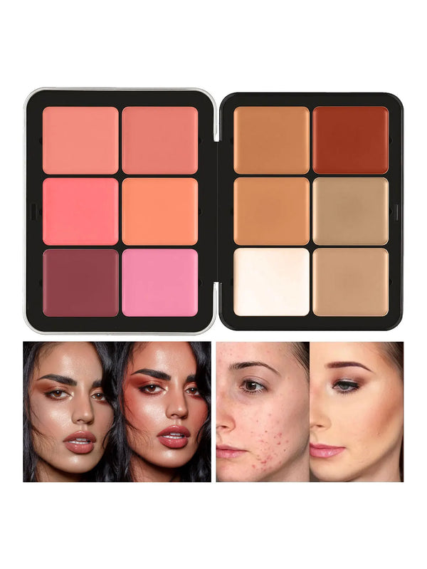 12-Color Blush & Contour Cream Palette - Concealer, Highlighter & Blemish Cover