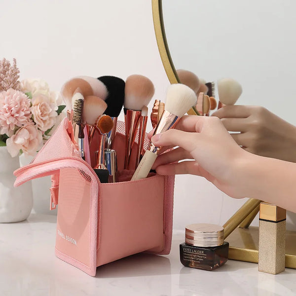 HOMEFISH Stand-Up Clear Zipper Cosmetic Bag - Travel Brush Holder & Organizer Toiletry Bag