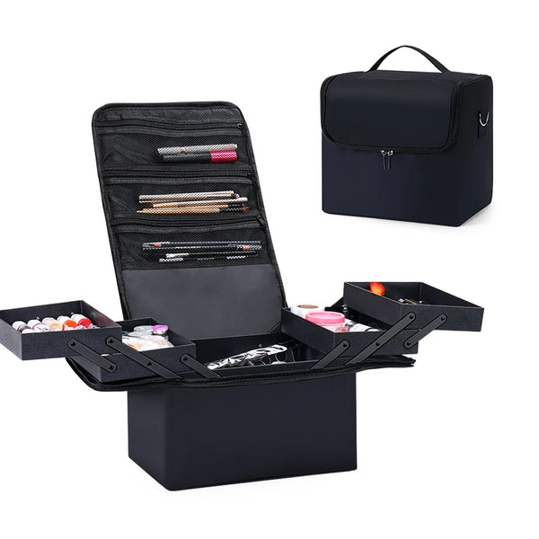 4-Tier Professional Makeup Train Case - Large Women's Travel Storage Box with Adjustable Nail Organizer