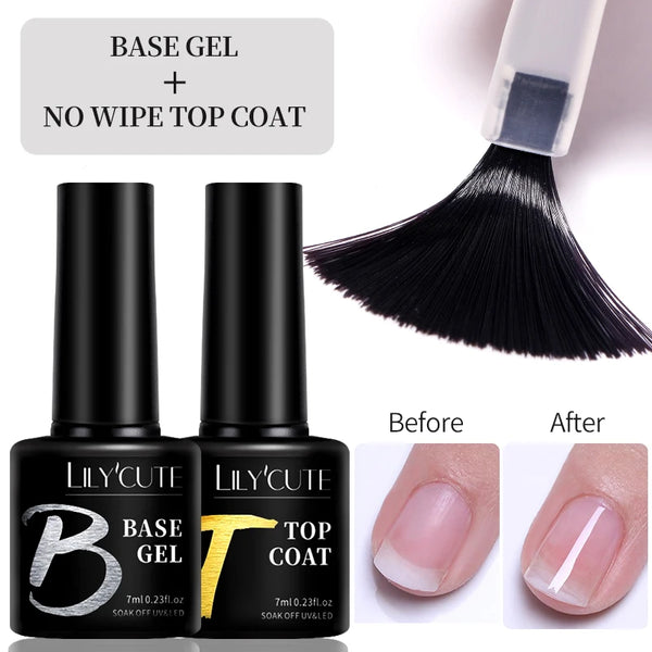LILYCUTE 7ml No-Wipe Top Coat & UV Base Gel - Semi-Permanent Soak-Off Nail Manicure