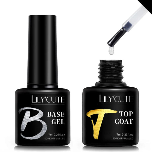 LILYCUTE 7ml No-Wipe Top Coat & UV Base Gel - Semi-Permanent Soak-Off Nail Manicure