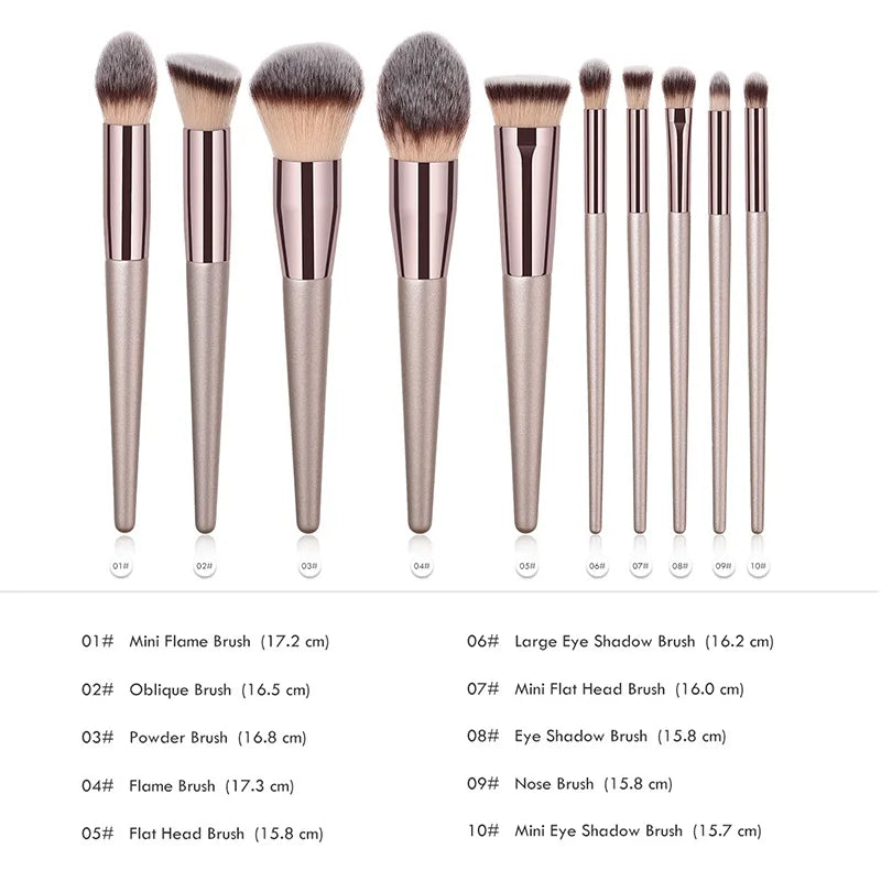 Champagne Makeup Brush Set - Foundation, Powder, Blush, Eyeshadow & Kabuki Blending