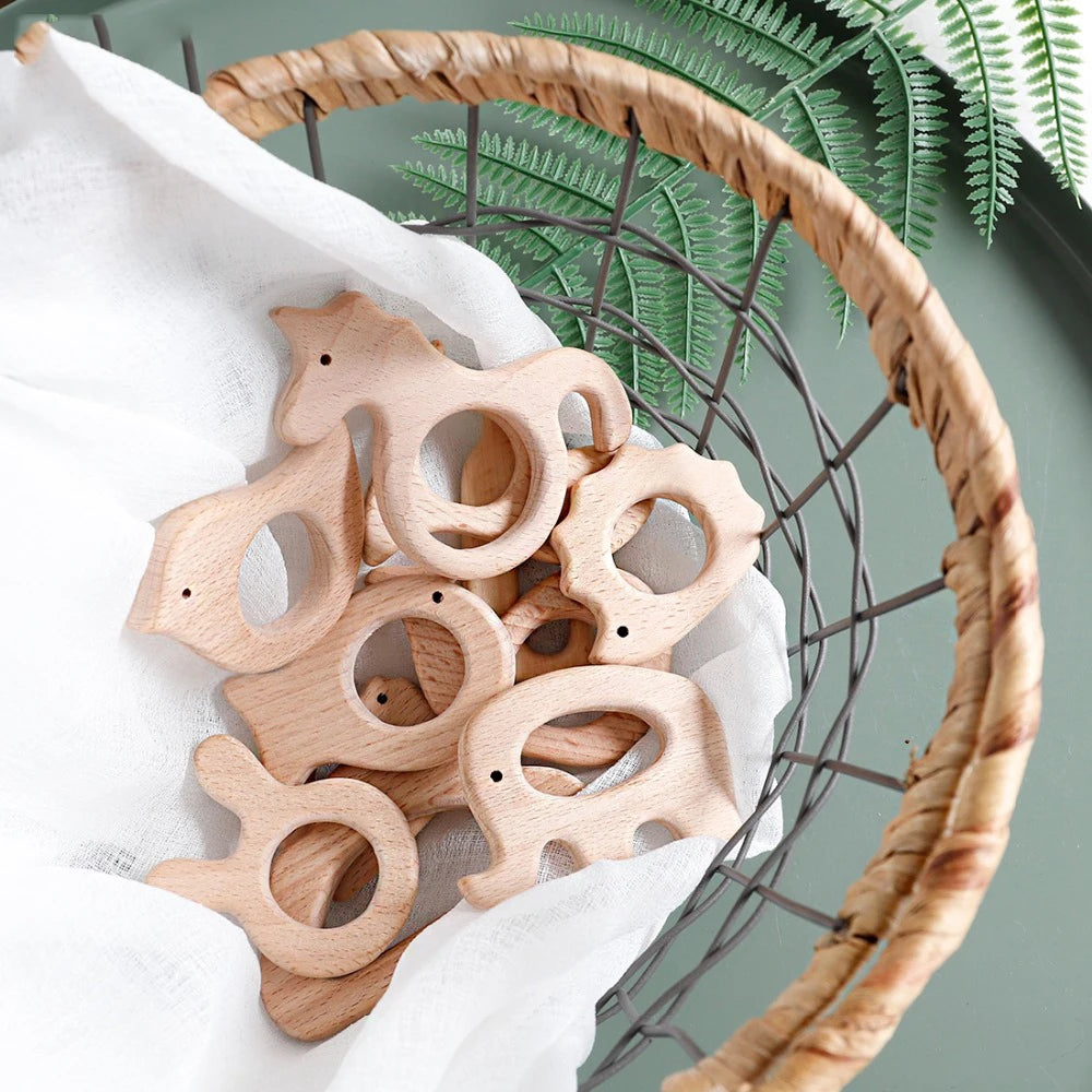 10-Piece Beech Wood Baby Teether Animal Set - Natural Teething Grasping Toys & DIY Pacifier Chain