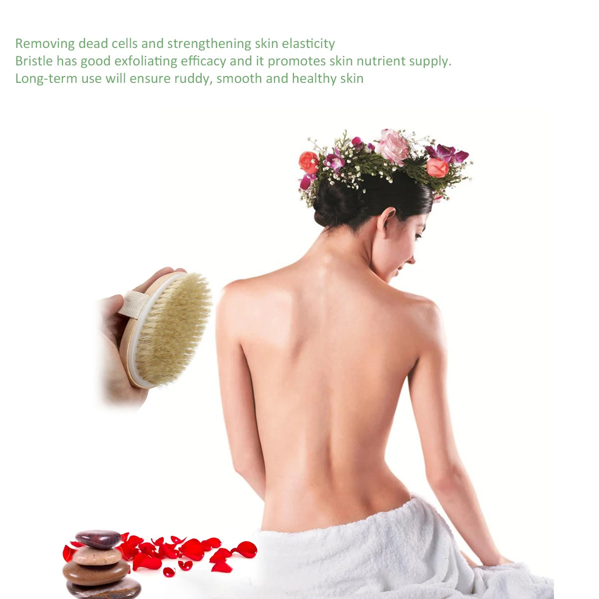 Natural Bristle Wooden Body Shower Brush - Soft Spa Dry Skin Body Exfoliator