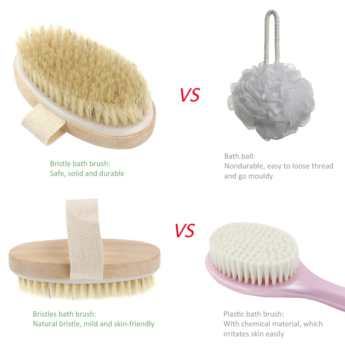 Natural Bristle Wooden Body Shower Brush - Soft Spa Dry Skin Body Exfoliator