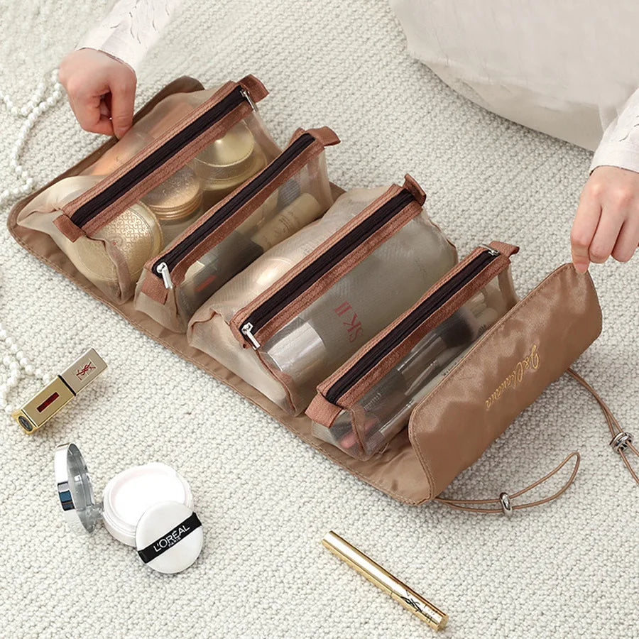 4-in-1 Separable Cosmetic Bag Set - Zipper Mesh Foldable Nylon Makeup Pouches for Women