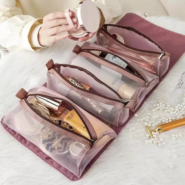 4-in-1 Separable Cosmetic Bag Set - Zipper Mesh Foldable Nylon Makeup Pouches for Women