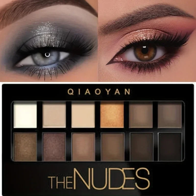 Professional 12-Color Eyeshadow Palette - Natural Shimmer & Matte Nudes for Makeup Artists