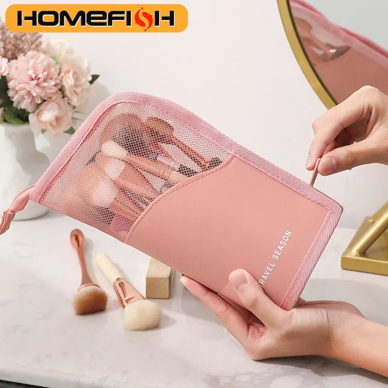 HOMEFISH Stand-Up Clear Zipper Cosmetic Bag - Travel Brush Holder & Organizer Toiletry Bag