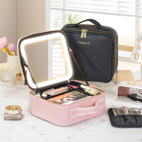 Train Case with Mirror - Waterproof Portable Makeup Organizer with Adjustable Dividers