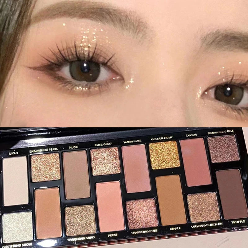 16-Color Matte, Glitter & Pearlescent Eyeshadow Palette - Nude Brown Shimmer