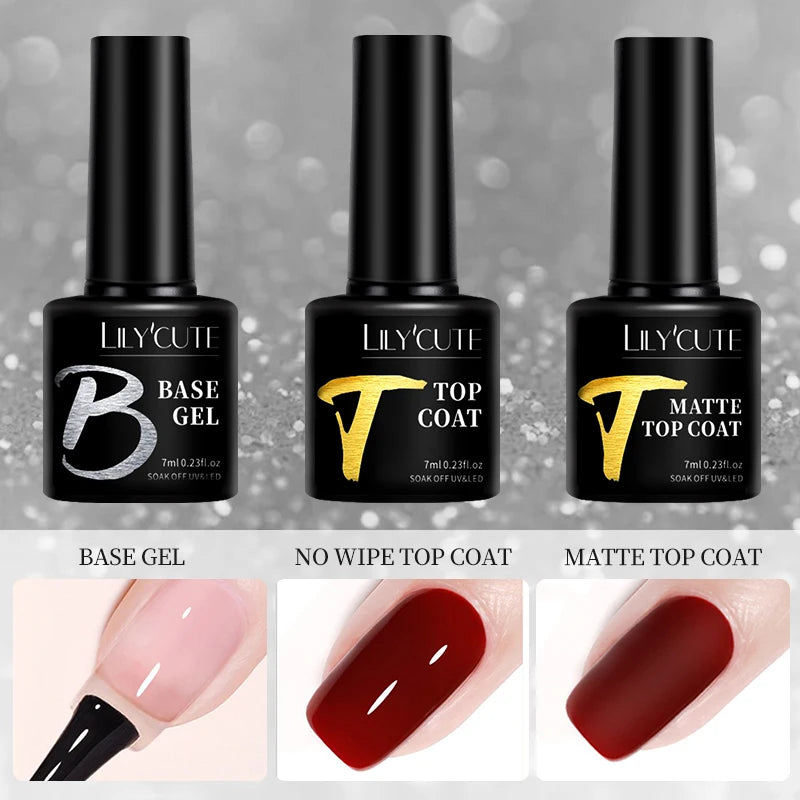 LILYCUTE 7ml No-Wipe Top Coat & UV Base Gel - Semi-Permanent Soak-Off Nail Manicure