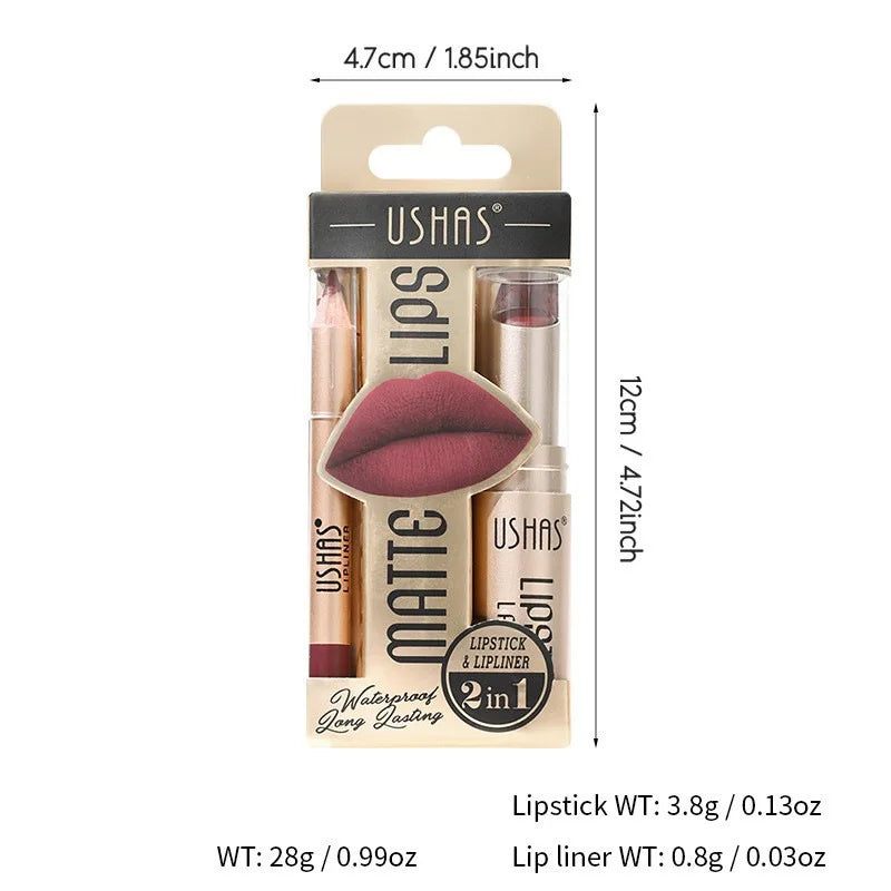USHAS 12-Color Lip Liner & Lipstick Set - Easy Matte Long-Lasting Nude & Red