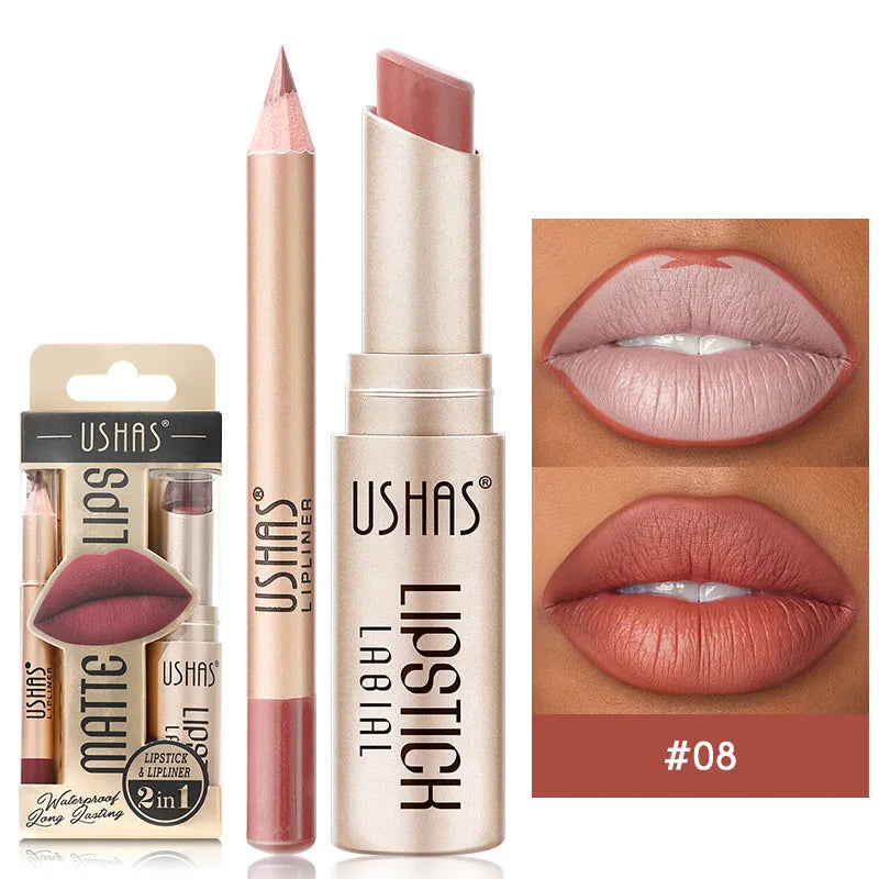 USHAS 12-Color Lip Liner & Lipstick Set - Easy Matte Long-Lasting Nude & Red