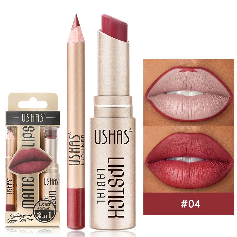 USHAS 12-Color Lip Liner & Lipstick Set - Easy Matte Long-Lasting Nude & Red