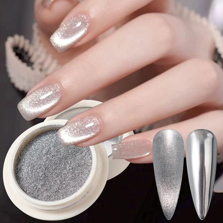 Silver Cat Eye Magnetic Chrome Powder - Moonlight Mirror Metallic Nail Pigment