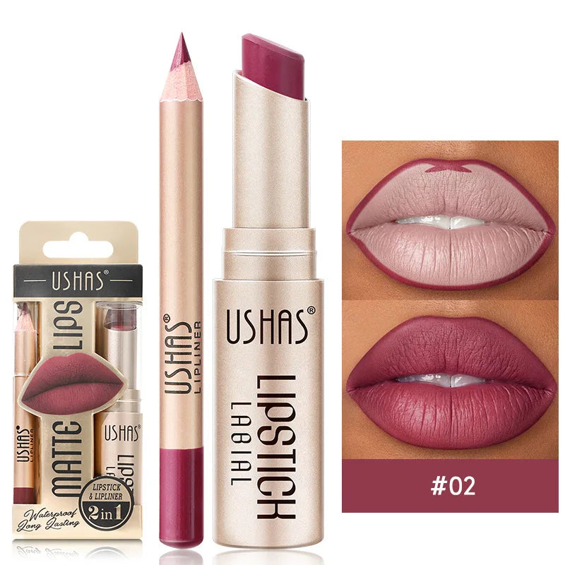 USHAS 12-Color Lip Liner & Lipstick Set - Easy Matte Long-Lasting Nude & Red