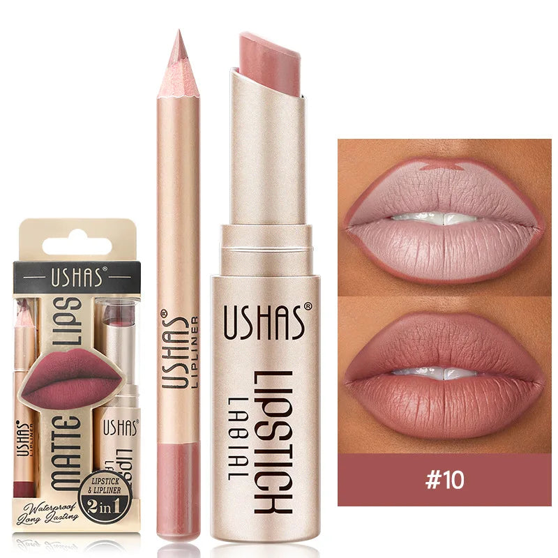 USHAS 12-Color Lip Liner & Lipstick Set - Easy Matte Long-Lasting Nude & Red