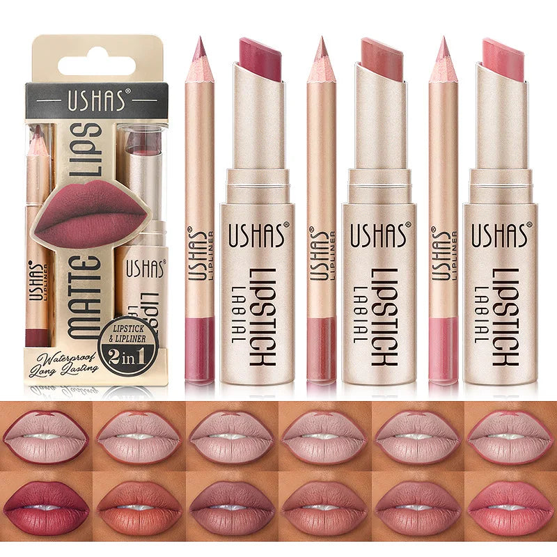 USHAS 12-Color Lip Liner & Lipstick Set - Easy Matte Long-Lasting Nude & Red