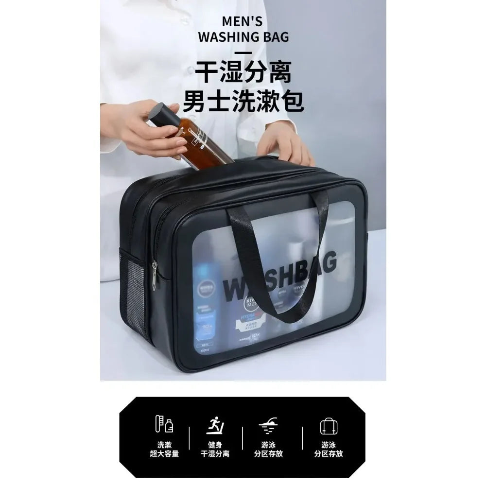 Dry-Wet Separation Double Transparent PU Makeup Bag - Portable Travel & Fitness Cosmetic Organiser