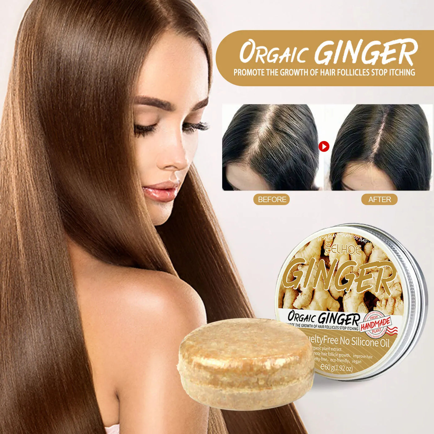 EELHOE Natural Ginger Shampoo Soap 60g - Anti Hair Loss, Dandruff Control & Scalp Nourishment