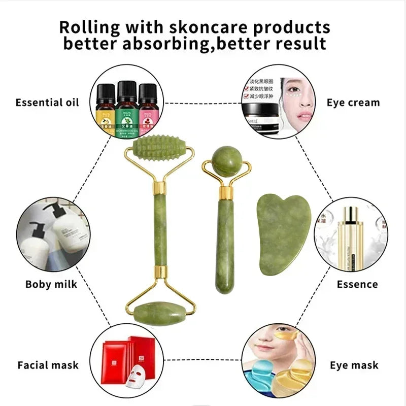 AYHle Natural Jade Roller & Gua Sha Set - Face Lifting, Acupoint Spa Massage Tool