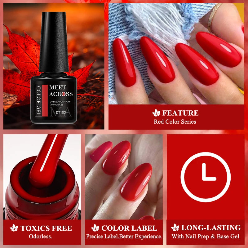 MEET ACROSS 7ml Wine Red Gel Polish - Long-Lasting French Style Nail Art Varnish