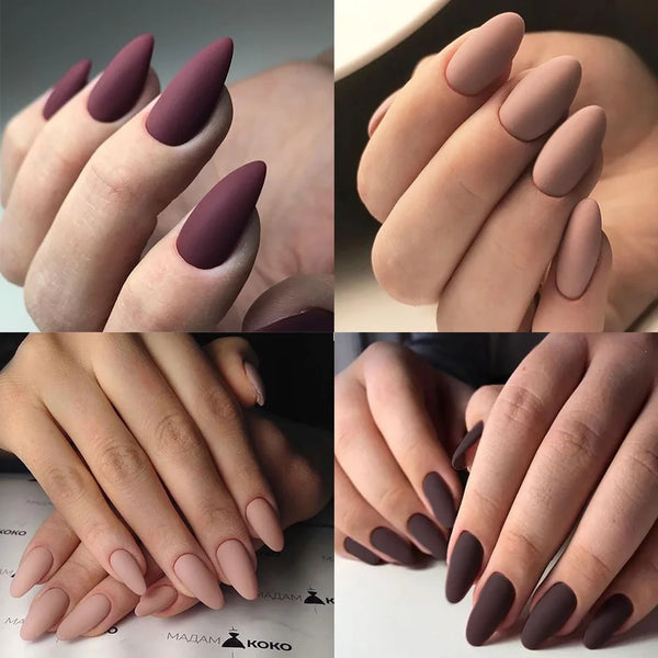 24-Piece Short Press-On Nails Set - Almond Ballet Tips in Matte Red, Nude & Brown
