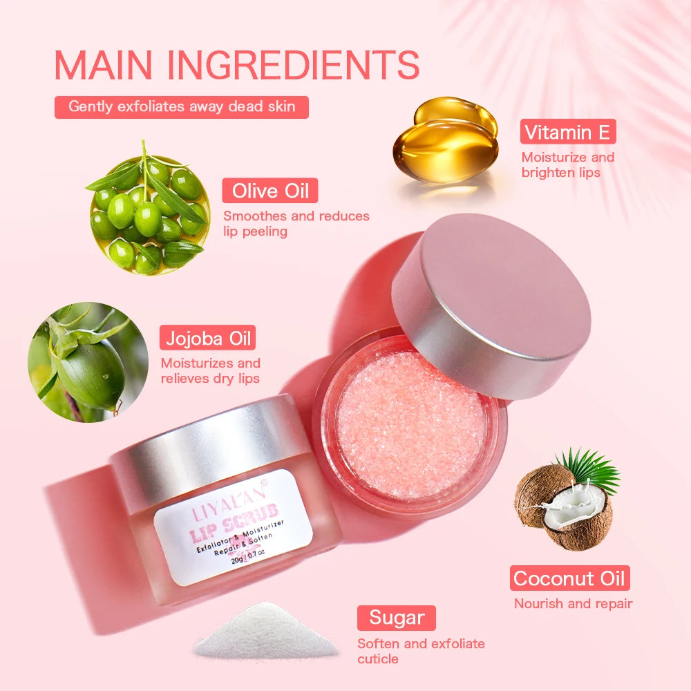 LIYALAN Pink Sugar Lip Scrub - Lightening Dark Lips, Exfoliating & Fine Line Repair