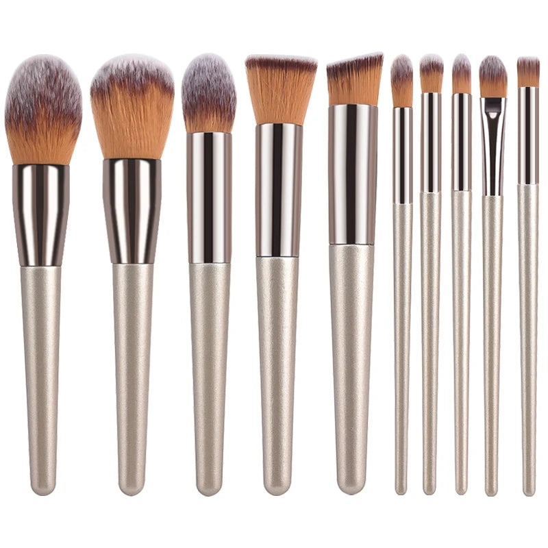 Champagne Makeup Brush Set - Foundation, Powder, Blush, Eyeshadow & Kabuki Blending