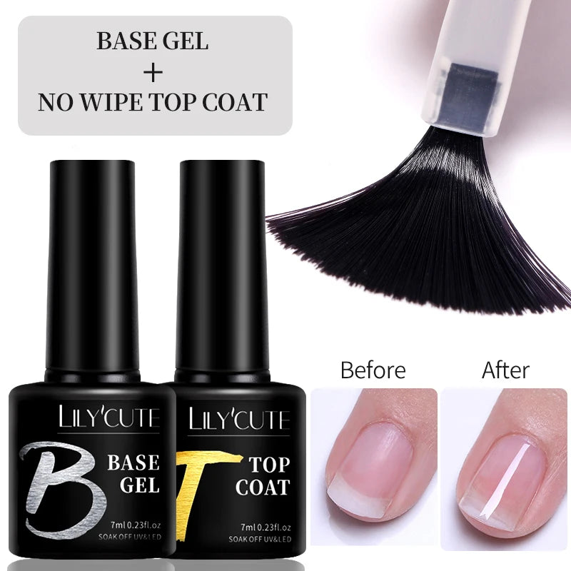 LILYCUTE 7ml No-Wipe Top Coat & UV Base Gel - Semi-Permanent Soak-Off Nail Manicure