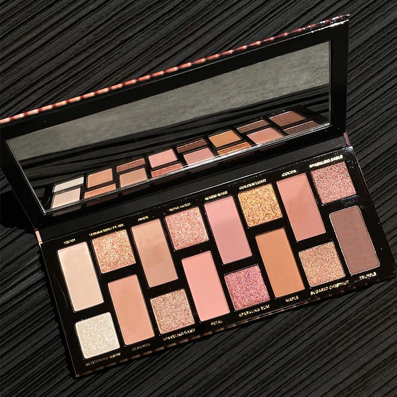 16-Color Matte, Glitter & Pearlescent Eyeshadow Palette - Nude Brown Shimmer