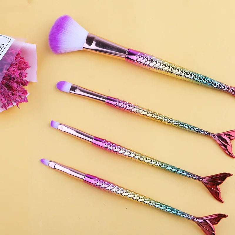 4-Piece Gradient Mermaid Makeup Brush Kit - Foundation, Eyebrow & Eyeliner Cosmetic Set