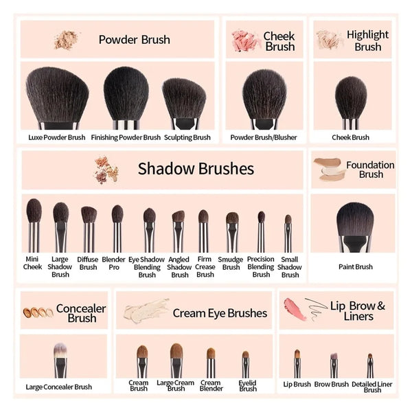 Natural Goat Hair Makeup Brush Set with Case - Professional Natural Bristle Brushes