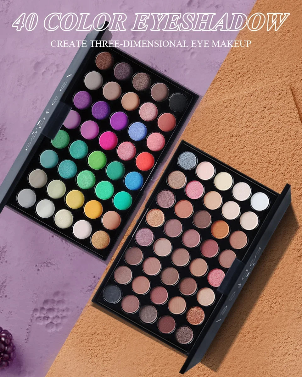 40-Color Eyeshadow Palette - Matte, Glitter, Pearlescent & Shimmer Nude to Bold