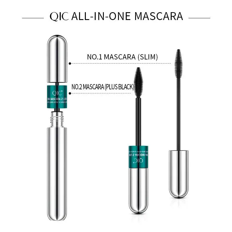 QIC 2-in-1 Double-Ended 4D Silk Fiber Mascara - Silver Tube Volumizing & Curling