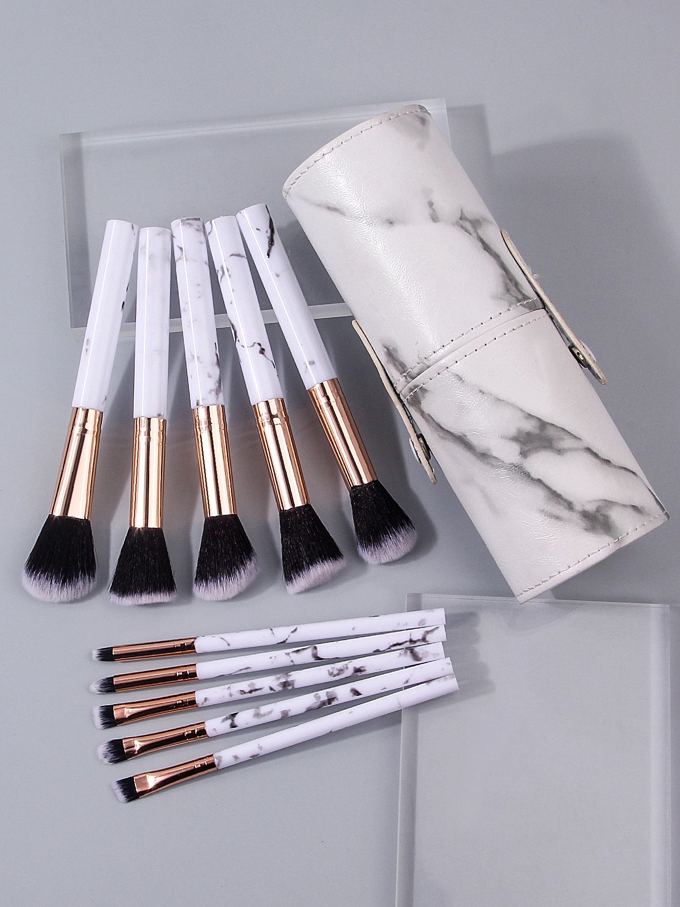 KOSSHOW 11-Piece Marble Makeup Brush Set - Soft Wool Fiber Brushes with Portable Bucket