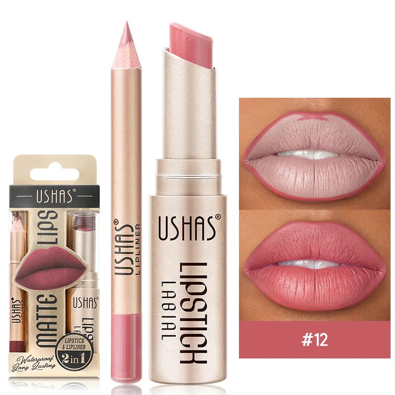 USHAS 12-Color Lip Liner & Lipstick Set - Easy Matte Long-Lasting Nude & Red