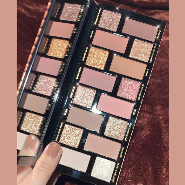 16-Color Matte, Glitter & Pearlescent Eyeshadow Palette - Nude Brown Shimmer