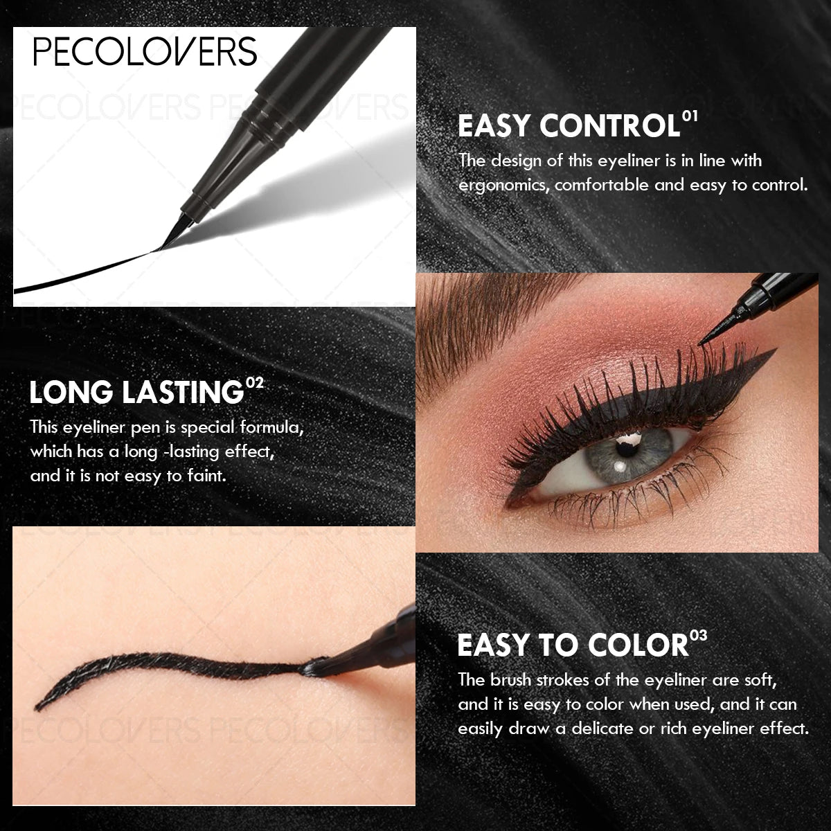 PECOLOVERS 3-Piece Black Liquid Eyeliner Pen Set - Waterproof High Pigment Natural Finish