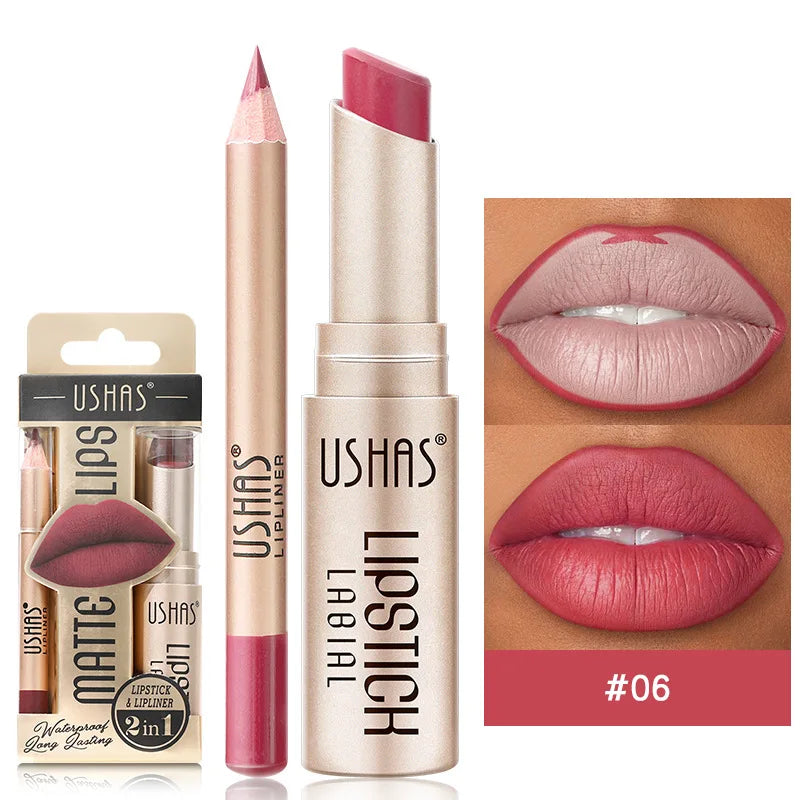 USHAS 12-Color Lip Liner & Lipstick Set - Easy Matte Long-Lasting Nude & Red