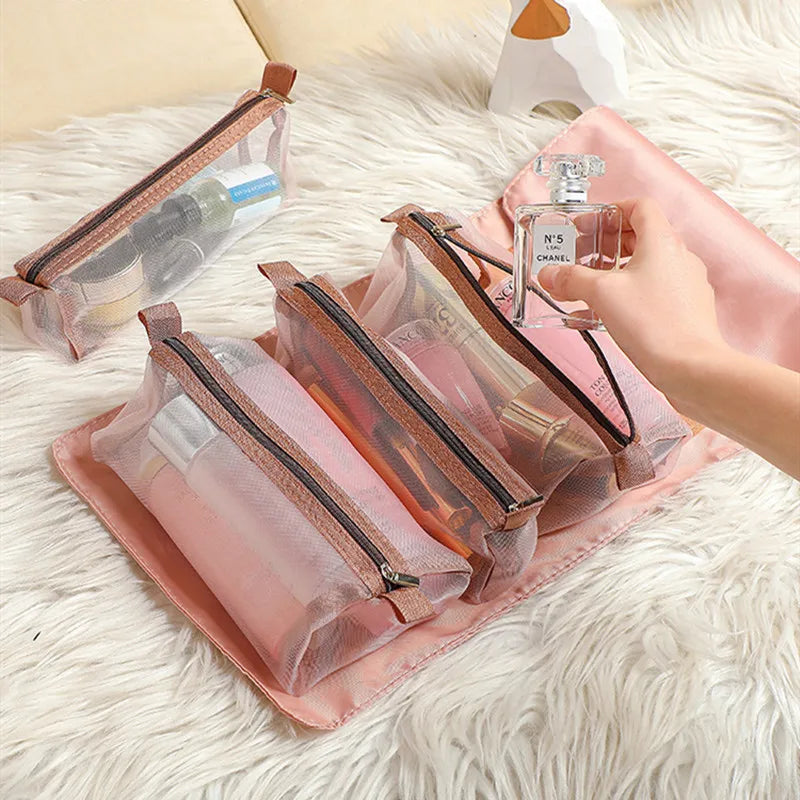 4-in-1 Separable Cosmetic Bag Set - Zipper Mesh Foldable Nylon Makeup Pouches for Women