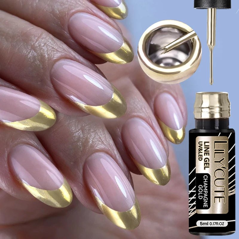 LILYCUTE 5ml Metallic Gold & Silver Mirror Liner Gel - Super Bright French Nail Art