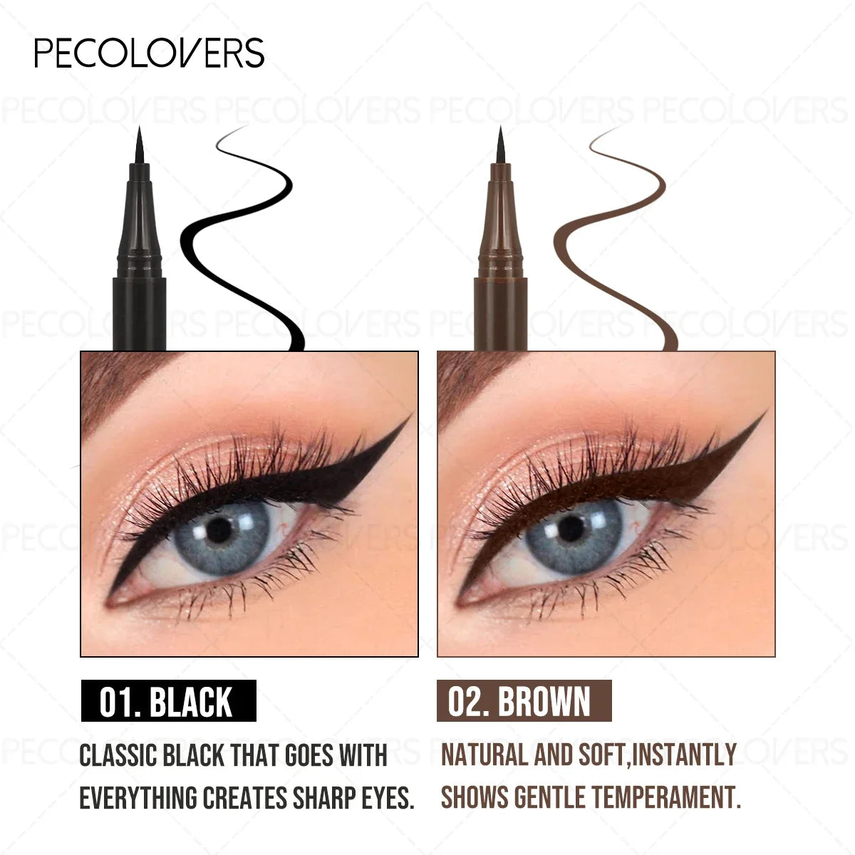 PECOLOVERS 3-Piece Black Liquid Eyeliner Pen Set - Waterproof High Pigment Natural Finish
