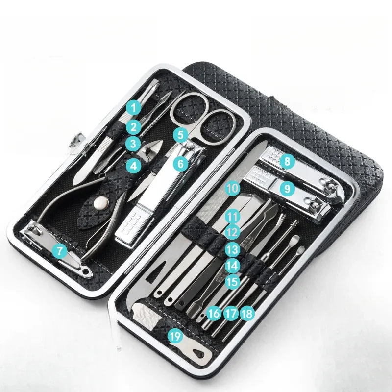 19-Piece Professional Nail Clipper Set - Dead Skin Pliers, Diagonal & Eyebrow Clipper with Leather Case