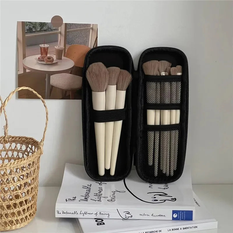 Black Waterproof Double-Zipper Makeup Brush Case - Portable Travel Brush Holder & Storage