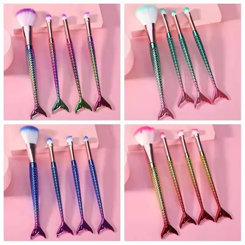 4-Piece Gradient Mermaid Makeup Brush Kit - Foundation, Eyebrow & Eyeliner Cosmetic Set